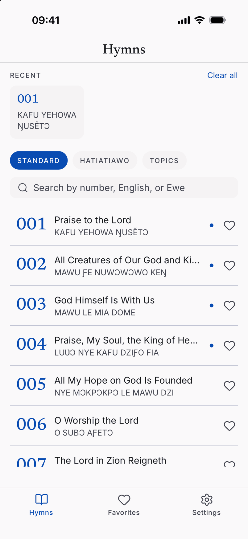 The hymn list on a phone