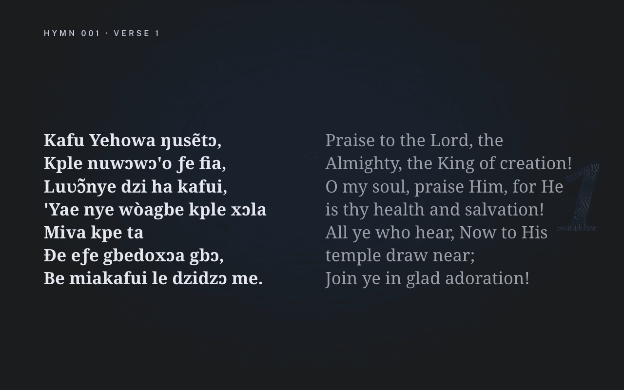 A hymn projected as a slide, Eʋe and English side by side
